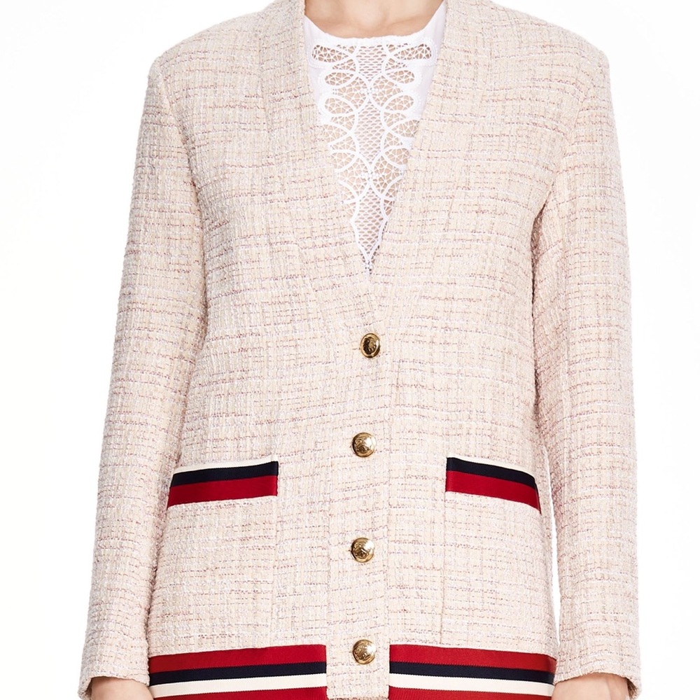 Sandro pink tweed style hip-length jacket in size 34